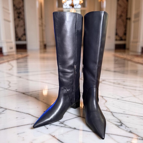 Franco Sarto NWT Sz 7.5M Elegant Black Leather Knee-High Kitten Heel Boots SH250 - Picture 1 of 11